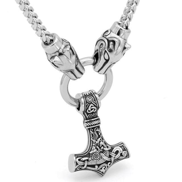 Vikings Mjolnir Wolf-Head Stainless Steel Necklace