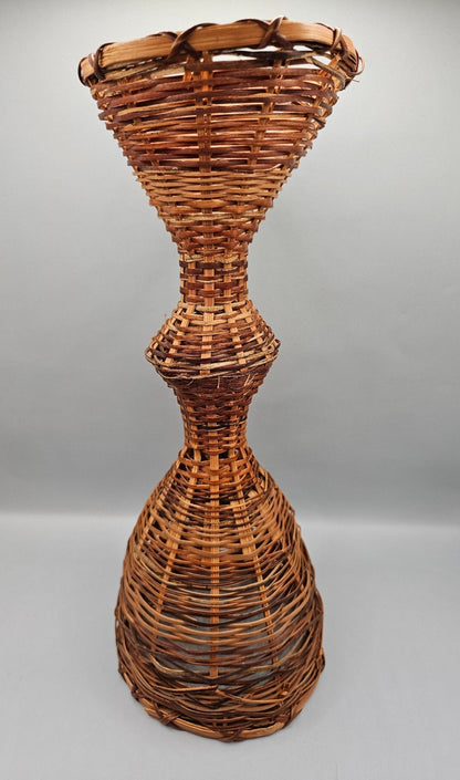 Vintage 12.5" Woven Wicker Rattan Hourglass-Shaped Vase Basket