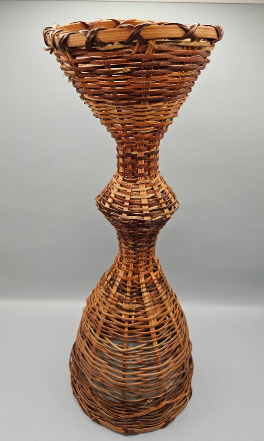 Vintage 12.5" Woven Wicker Rattan Hourglass-Shaped Vase Basket