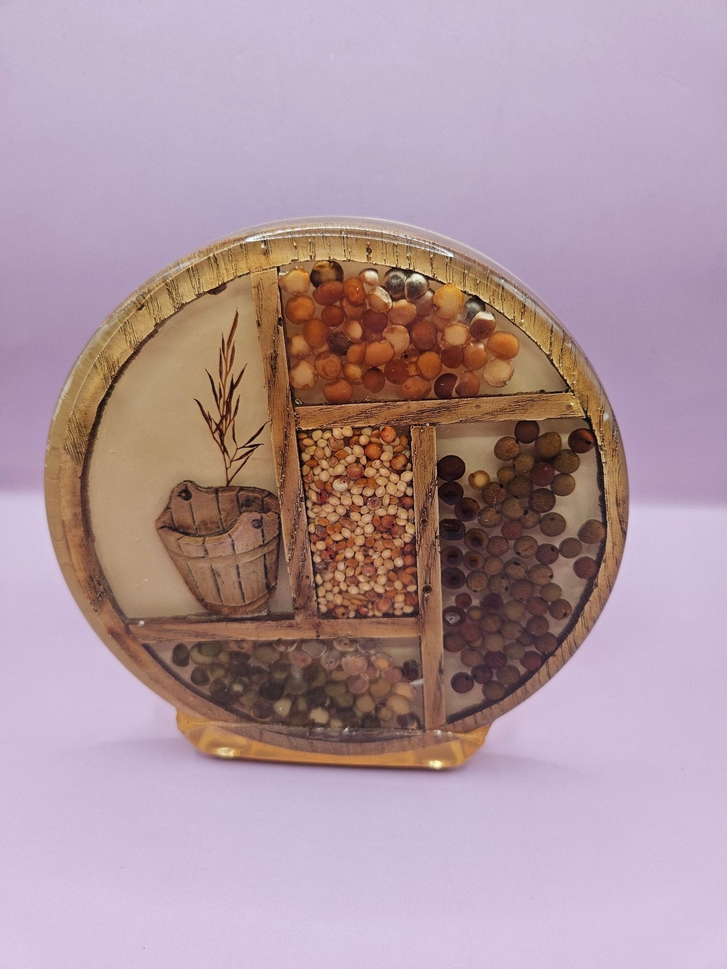 Vintage 1970s Circular Lucite Napkin Holder with Seed and Grain Design