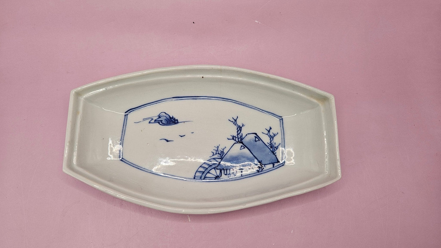 Vintage Blue & White Porcelain Boat-Shaped Dishes - 6.5"x3.7" Elegant Asian-Inspired Tableware
