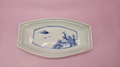 Vintage Blue & White Porcelain Boat-Shaped Dishes - 6.5"x3.7" Elegant Asian-Inspired Tableware