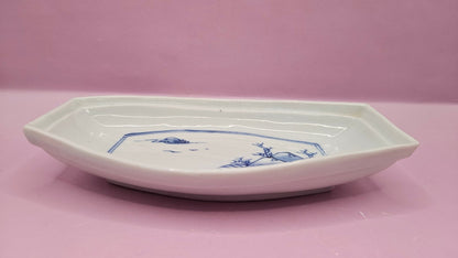 Vintage Blue & White Porcelain Boat-Shaped Dishes - 6.5"x3.7" Elegant Asian-Inspired Tableware