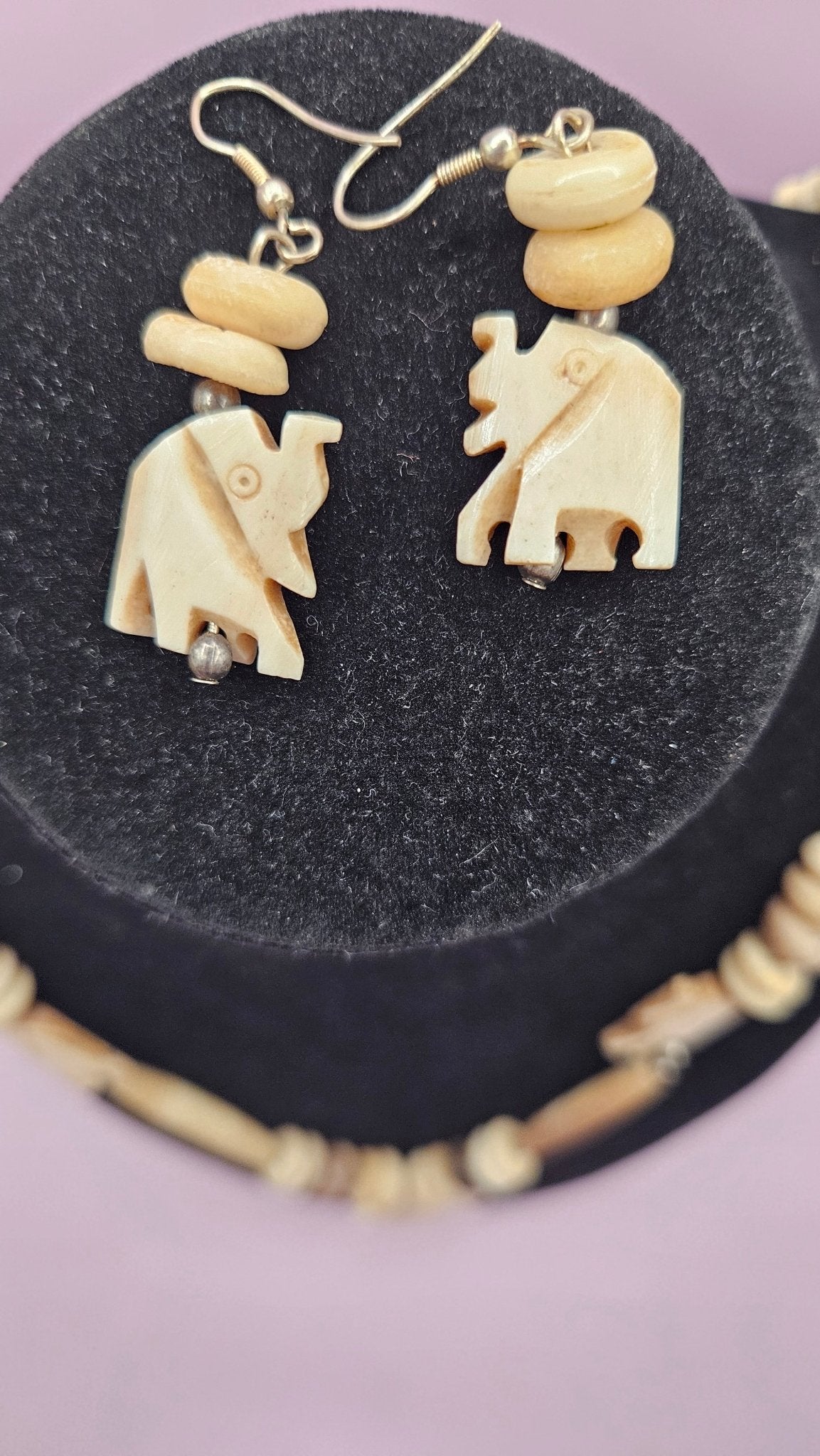 Vintage Bone Beaded Elephant Necklace and Earring Set - Necklace 13", Earrings 1.5"