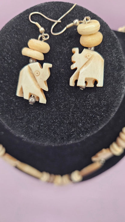 Vintage Bone Beaded Elephant Necklace and Earring Set - Necklace 13", Earrings 1.5"