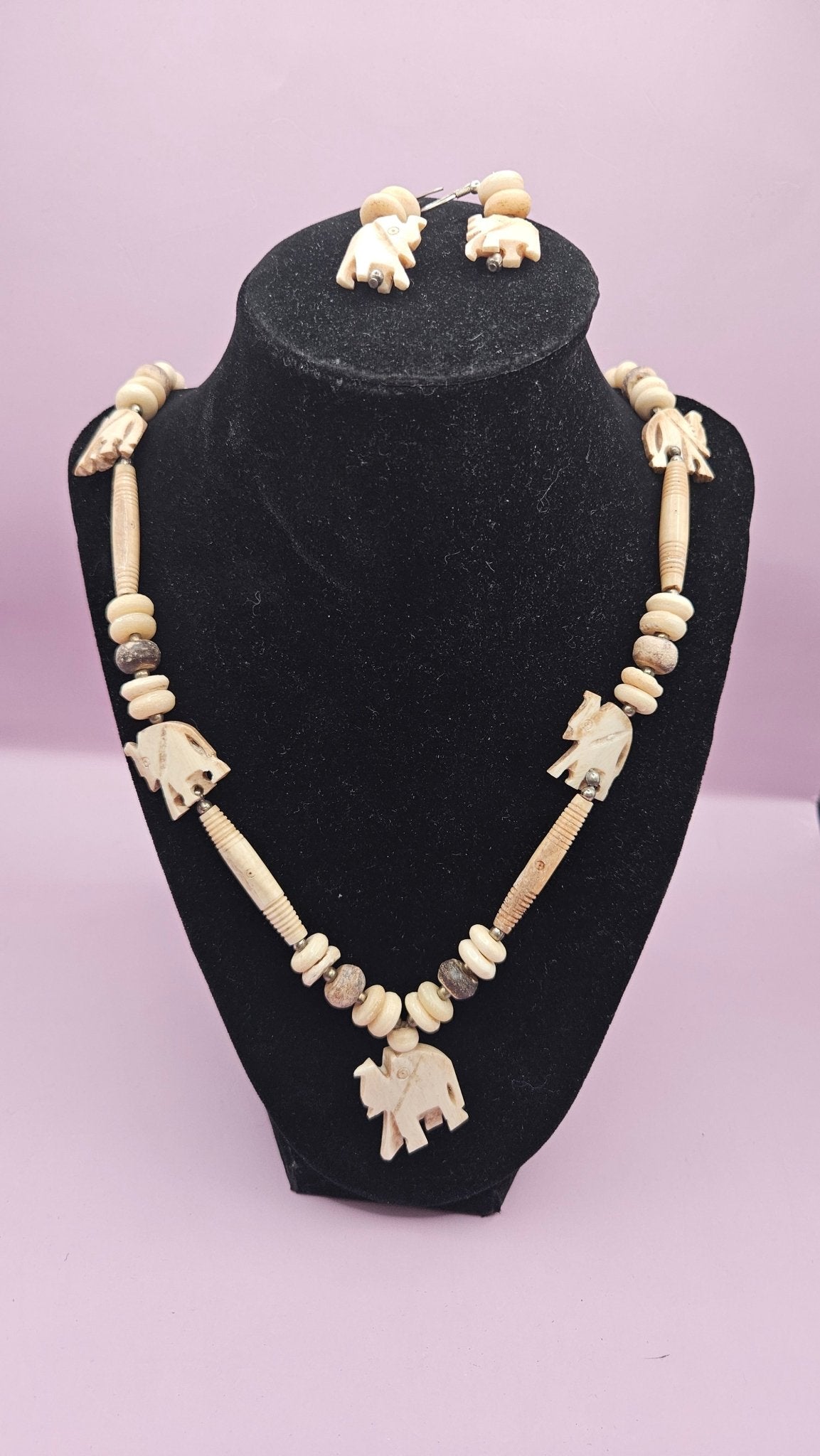 Vintage Bone Beaded Elephant Necklace and Earring Set - Necklace 13", Earrings 1.5"