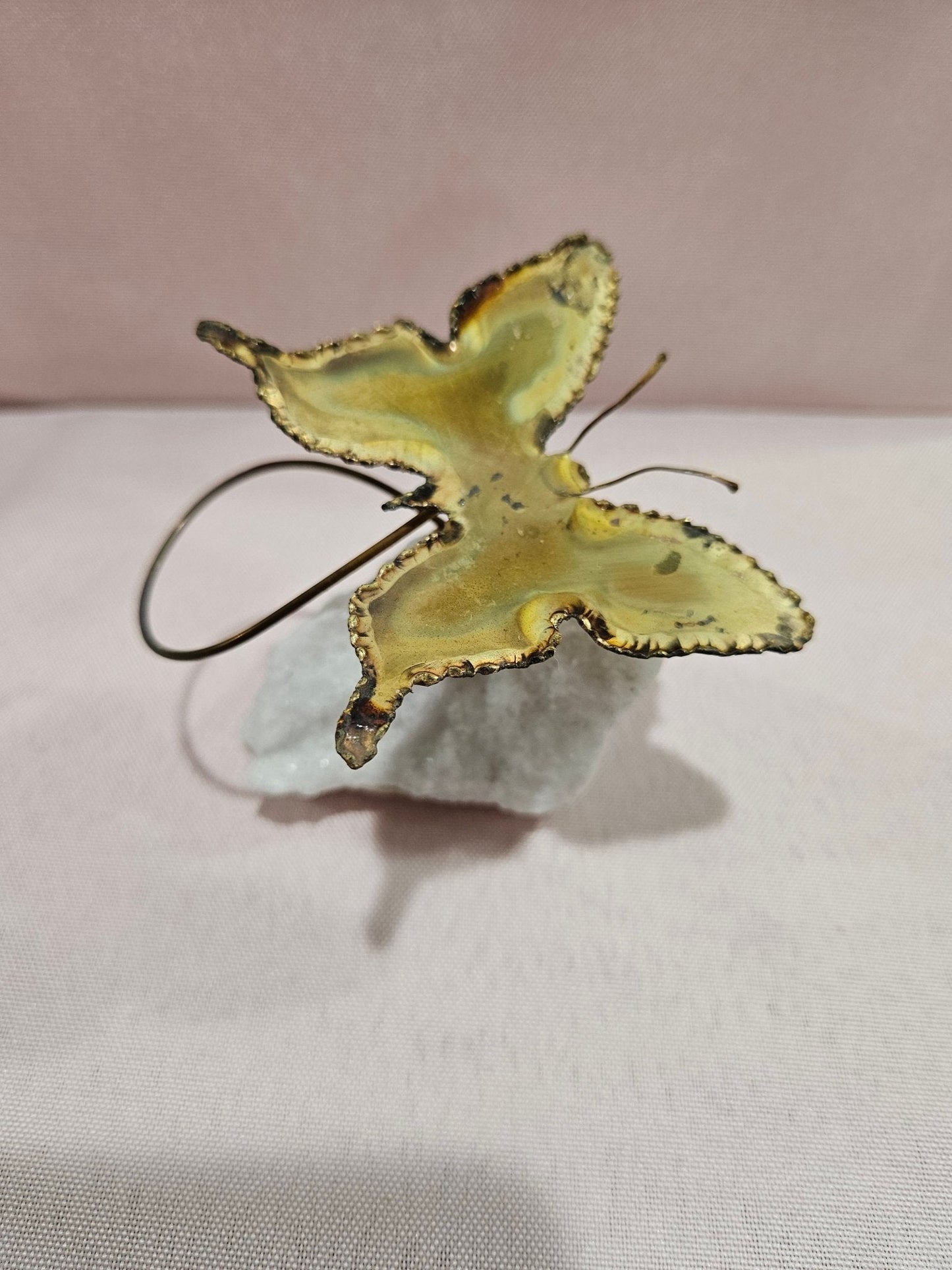 Vintage Brutalist Brass Butterfly Art On Mineral Stone