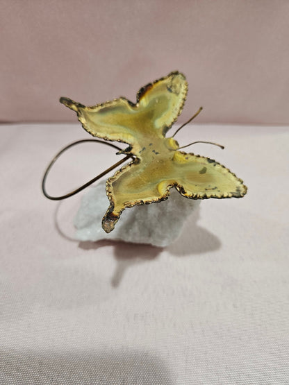 Vintage Brutalist Brass Butterfly Art On Mineral Stone