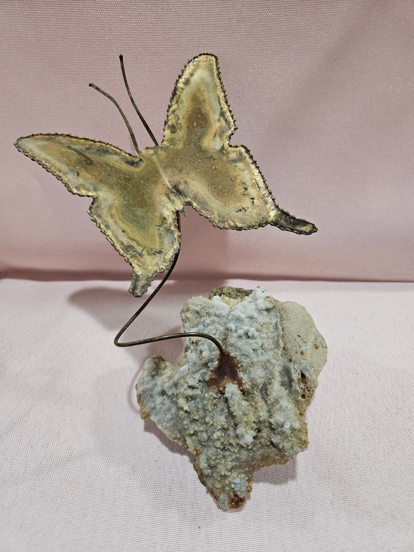 Vintage Brutalist Brass Butterfly Art On Mineral Stone