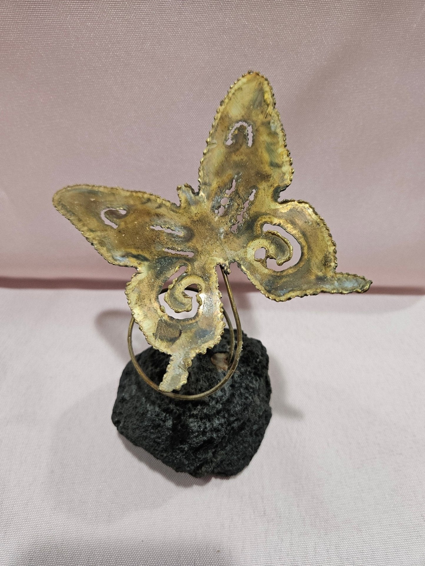 Vintage Brutalist Brass Butterfly Art On Mineral Stone