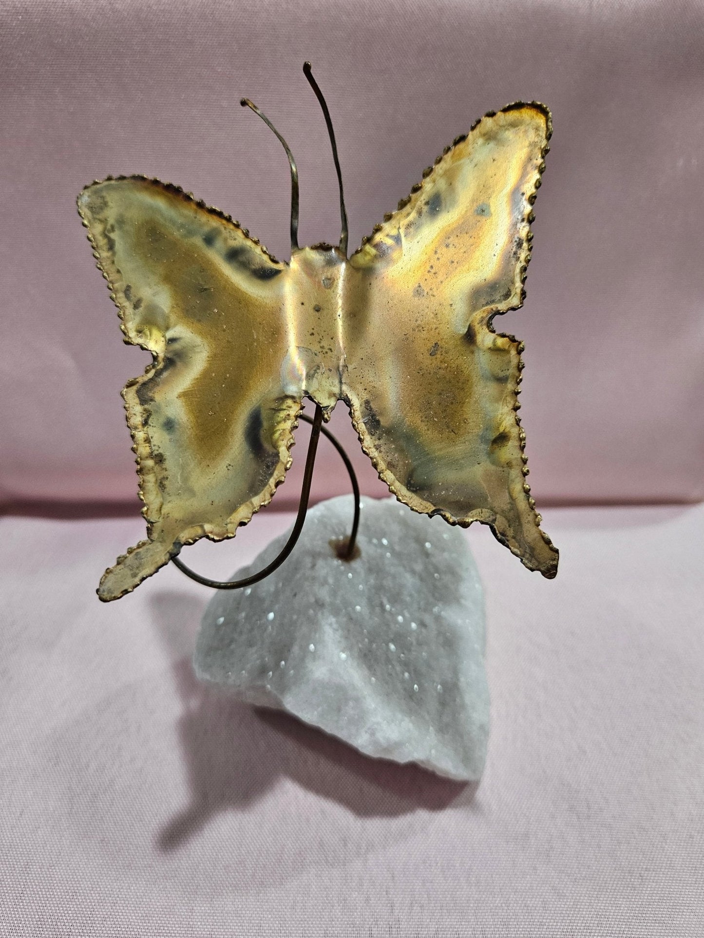 Vintage Brutalist Brass Butterfly Art On Mineral Stone