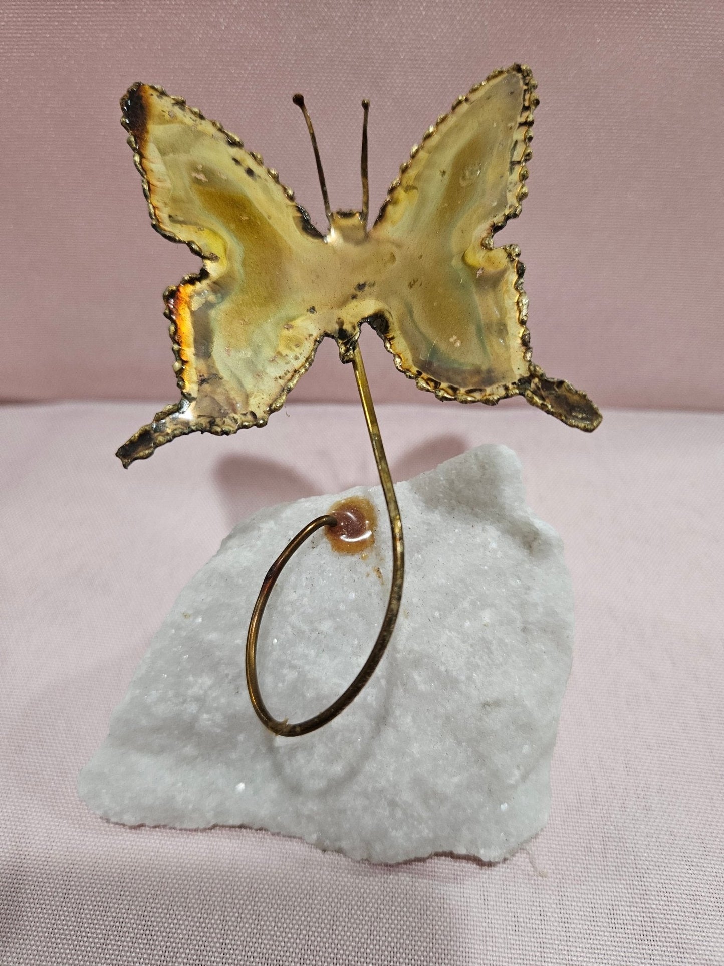Vintage Brutalist Brass Butterfly Art On Mineral Stone