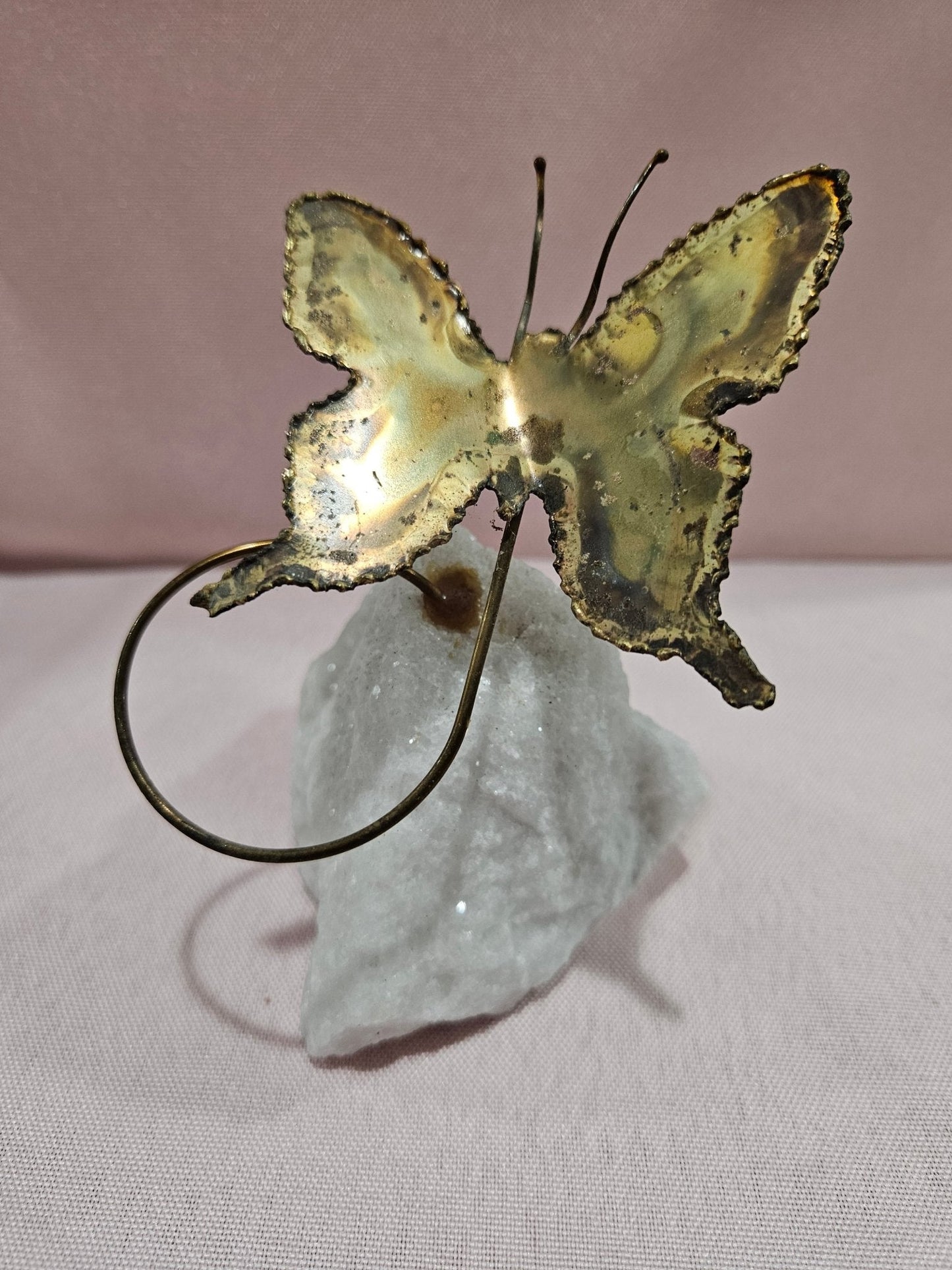 Vintage Brutalist Brass Butterfly Art On Mineral Stone