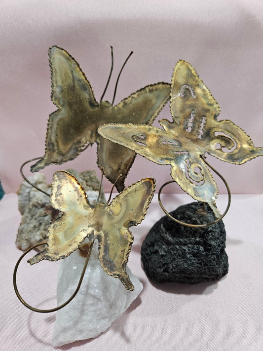 Vintage Brutalist Brass Butterfly Art On Mineral Stone