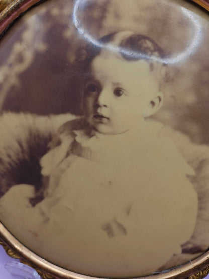 Vintage Celluloid Photo Button Young Child Gold Ornate Frame
