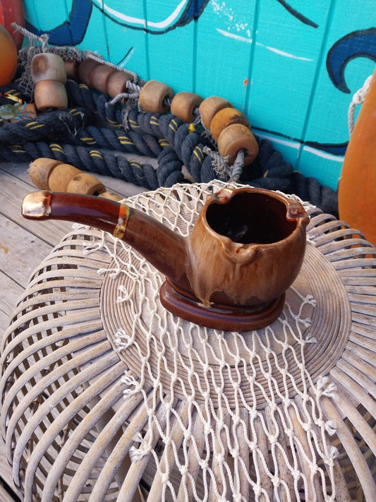 Vintage Ceramic Pipe Ashtray – Mid-Century Brown Glazed Novelty Smoking Decor – 6" Long