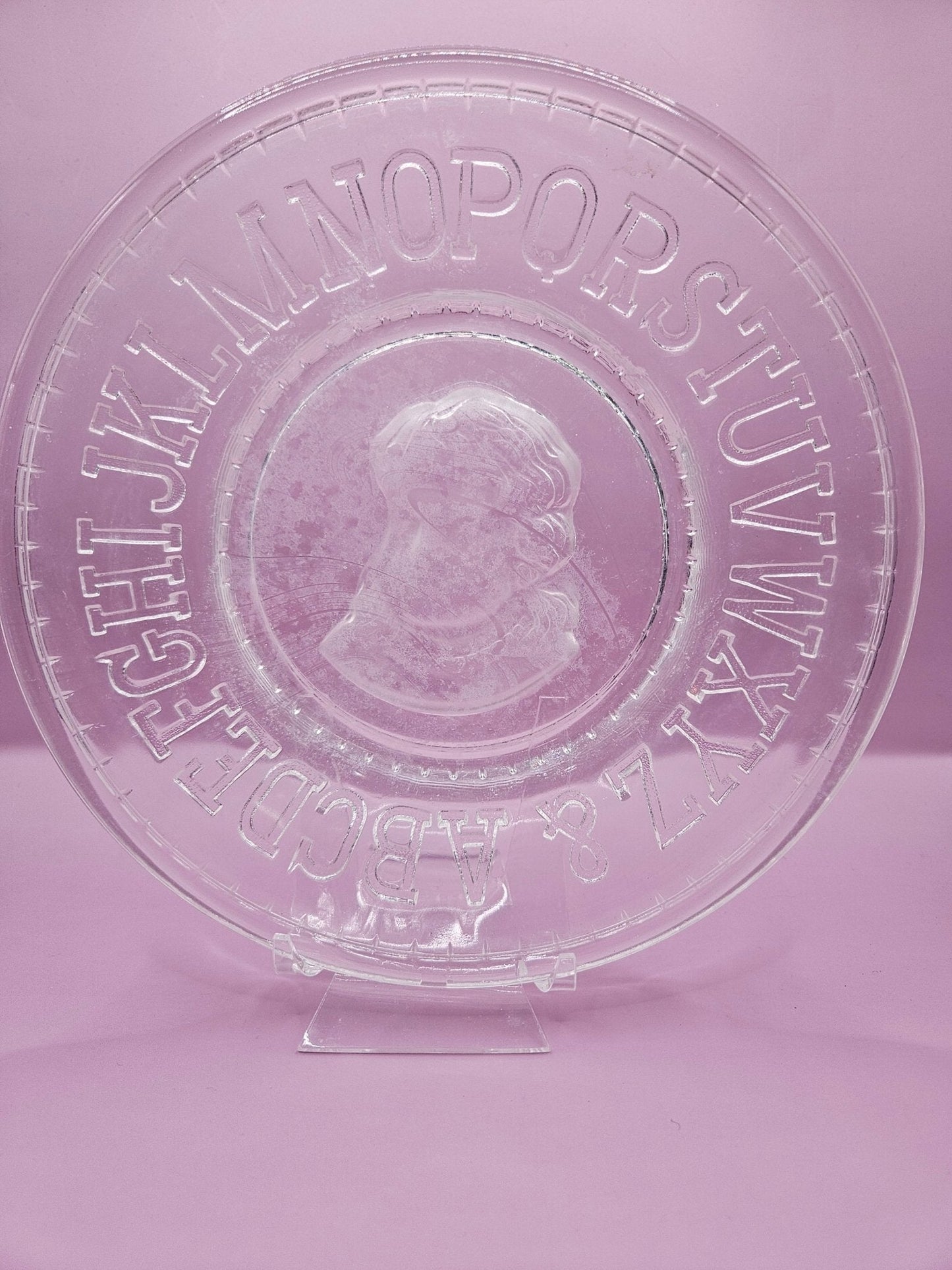 Vintage Clear Pressed Glass Child’s Plate with Alphabet & Little Girl Cameo – 8"