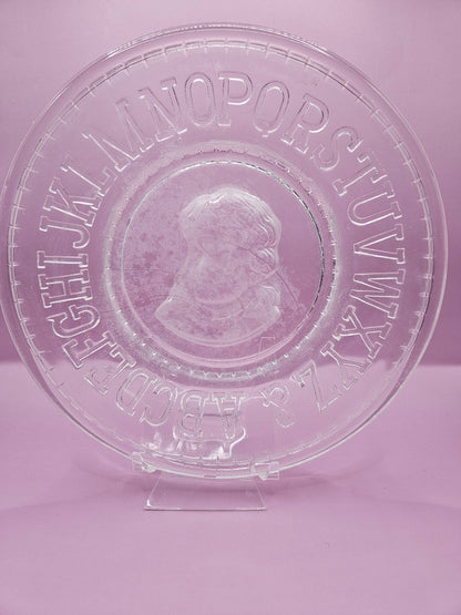 Vintage Clear Pressed Glass Child’s Plate with Alphabet & Little Girl Cameo – 8"