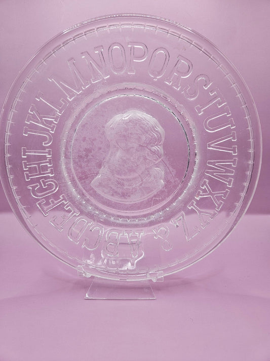 Vintage Clear Pressed Glass Child’s Plate with Alphabet & Little Girl Cameo – 8"