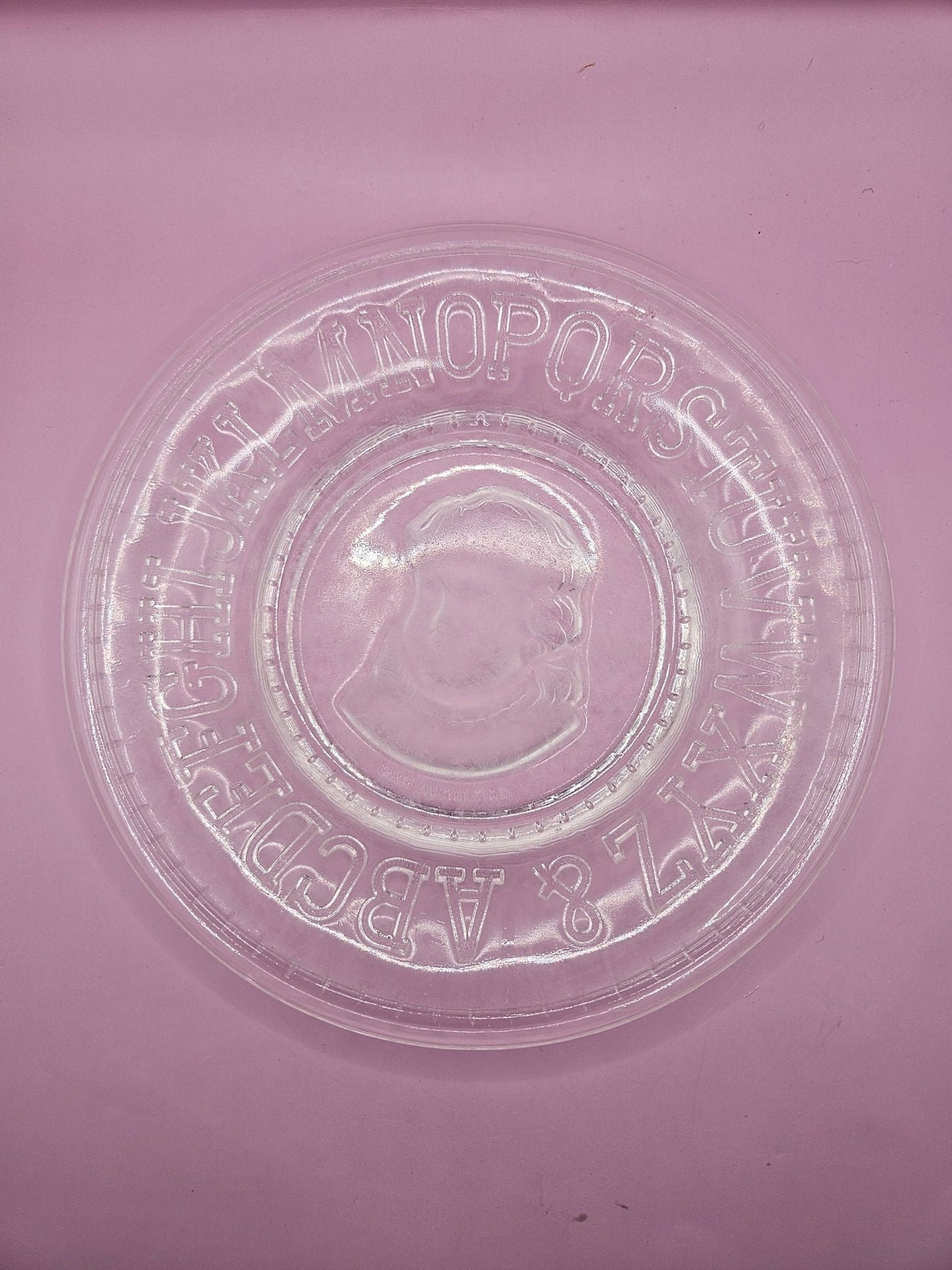 Vintage Clear Pressed Glass Child’s Plate with Alphabet & Little Girl Cameo – 8"
