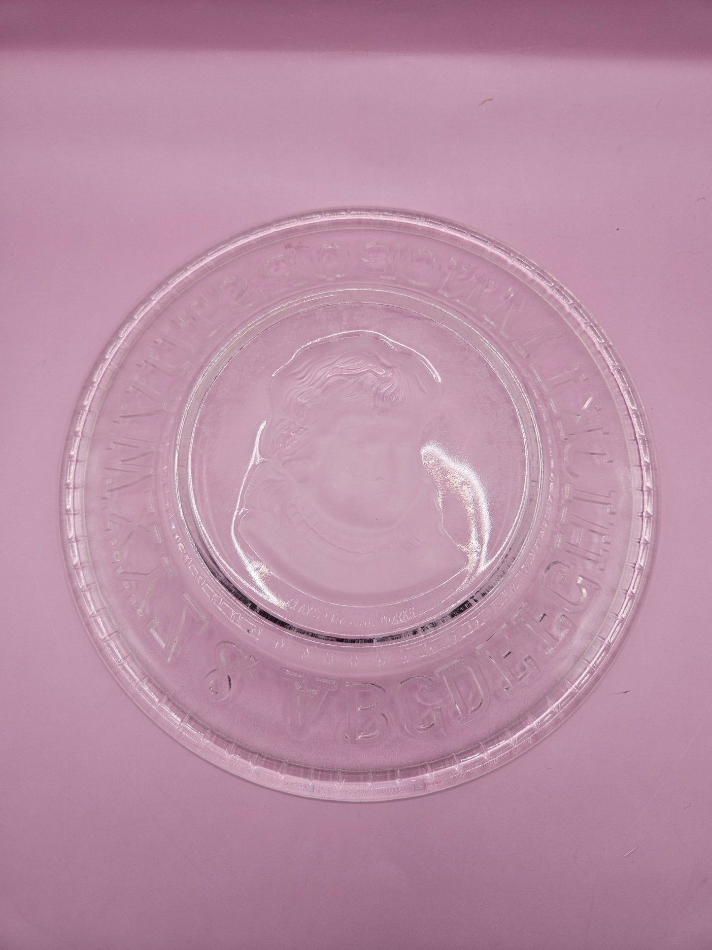 Vintage Clear Pressed Glass Child’s Plate with Alphabet & Little Girl Cameo – 8"