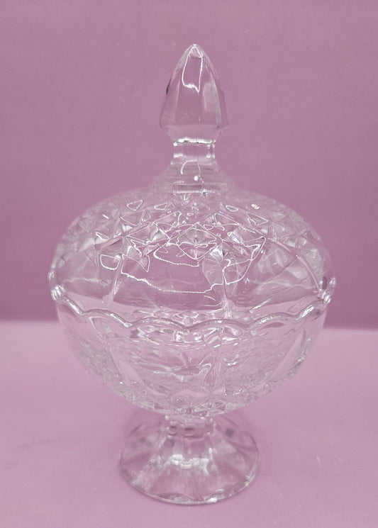 Vintage Crystal Pedestal Candy Dish with Lid – 6.5" x 4" – Elegant Cut Glass