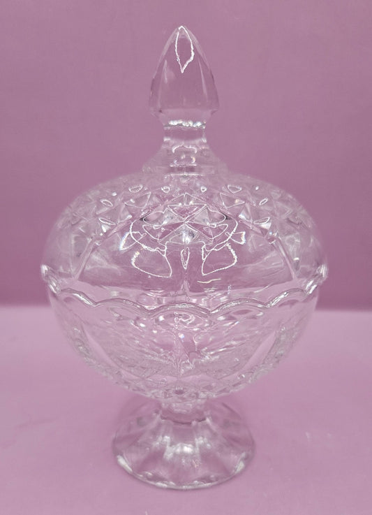 Vintage Crystal Pedestal Candy Dish with Lid – 6.5" x 4" – Elegant Cut Glass