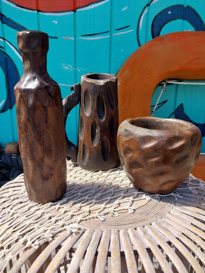 1960s Spanish Modernist Pottery Trio – Textured Candle Holder, Sculptural Stein, and Organic Bowl