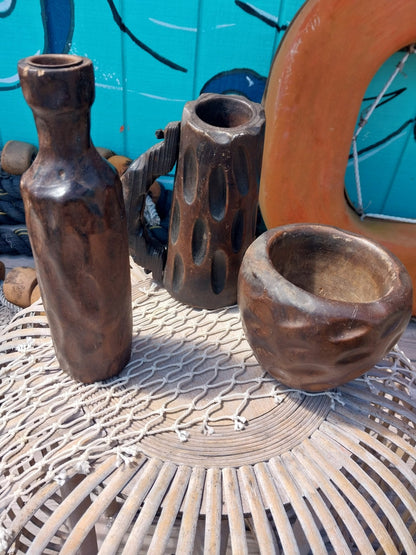 1960s Spanish Modernist Pottery Trio – Textured Candle Holder, Sculptural Stein, and Organic Bowl
