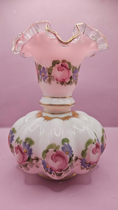 Vintage Fenton Charleton Roses Melon Vase – Hand-Painted Floral Glass (8.5" x 6.5")