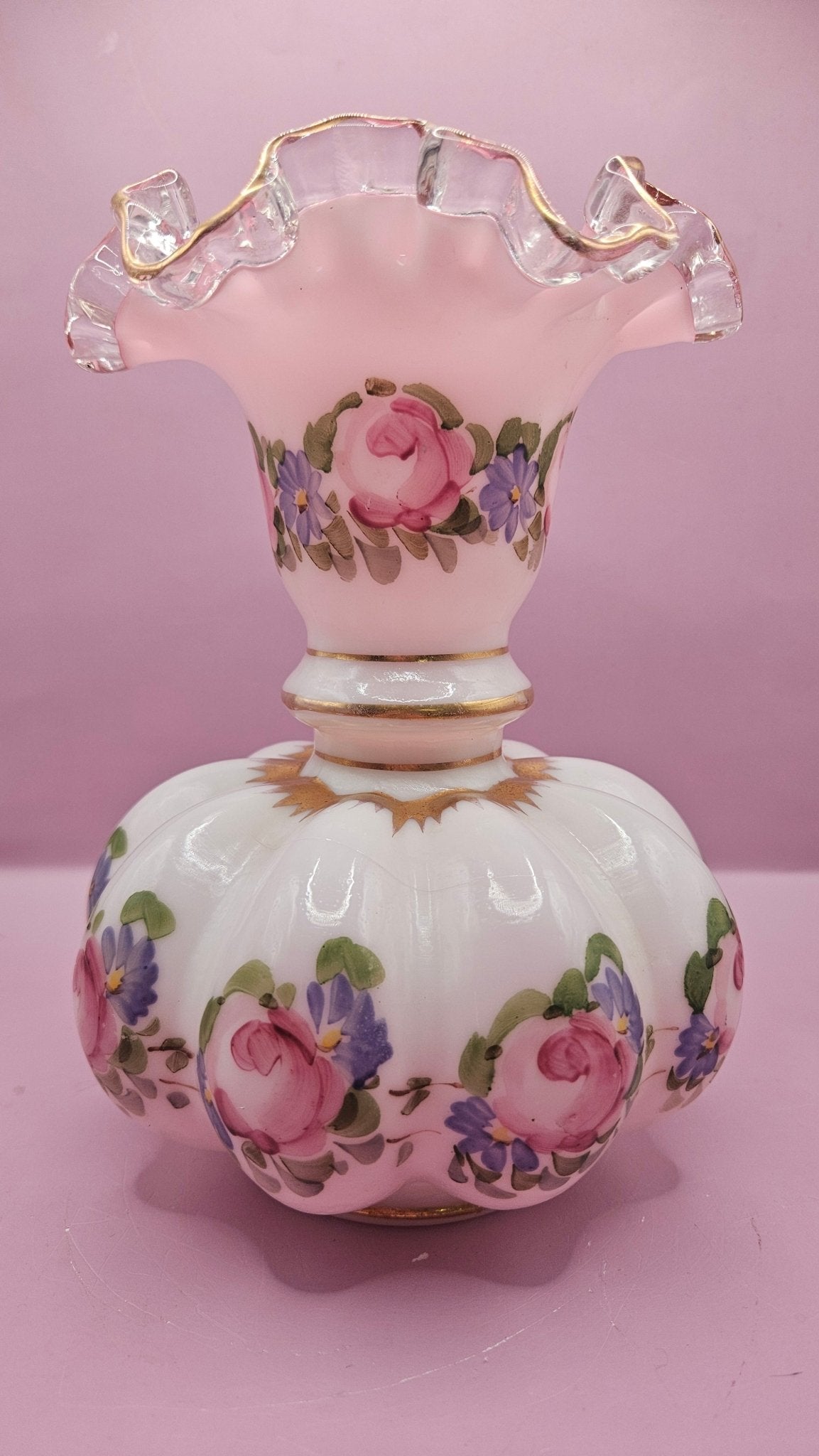 Vintage Fenton Charleton Roses Melon Vase – Hand-Painted Floral Glass (8.5" x 6.5")