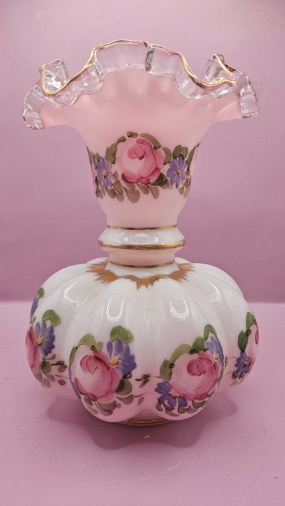 Vintage Fenton Charleton Roses Melon Vase – Hand-Painted Floral Glass (8.5" x 6.5")