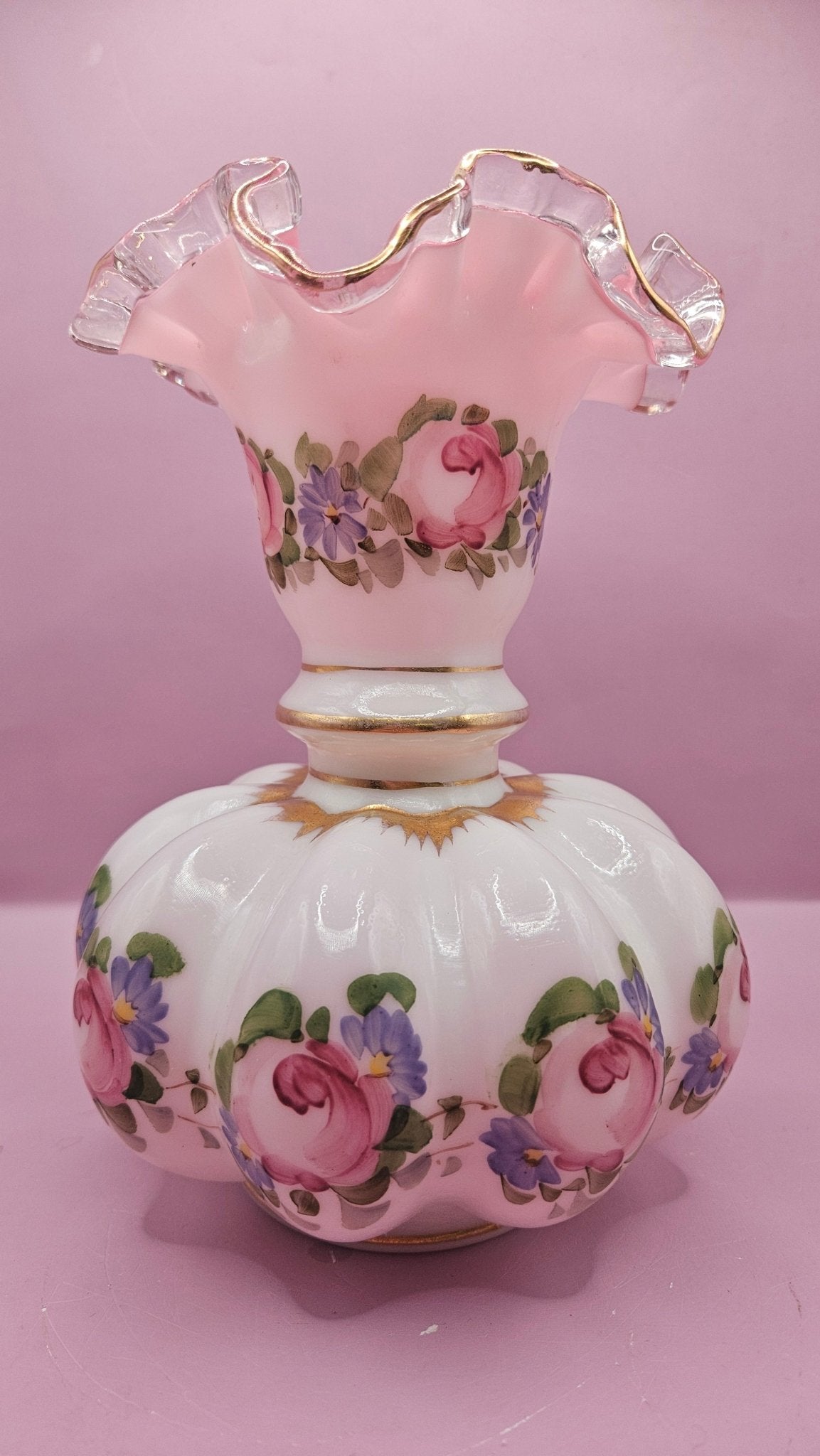 Vintage Fenton Charleton Roses Melon Vase – Hand-Painted Floral Glass (8.5" x 6.5")