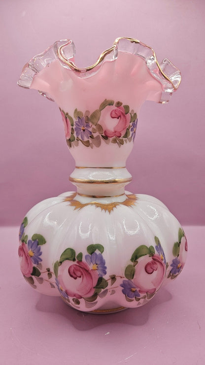 Vintage Fenton Charleton Roses Melon Vase – Hand-Painted Floral Glass (8.5" x 6.5")