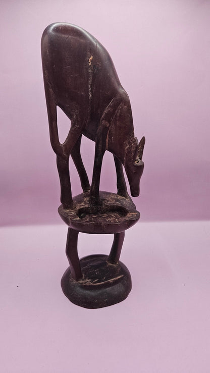 Vintage Hand-Carved Wooden Antelope Sculpture (11"x3.5")