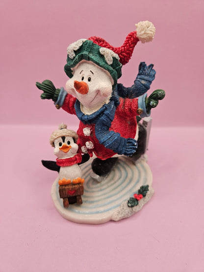 Vintage Ice Skating Snowman and Penguin Figurine (4.5" x 4")