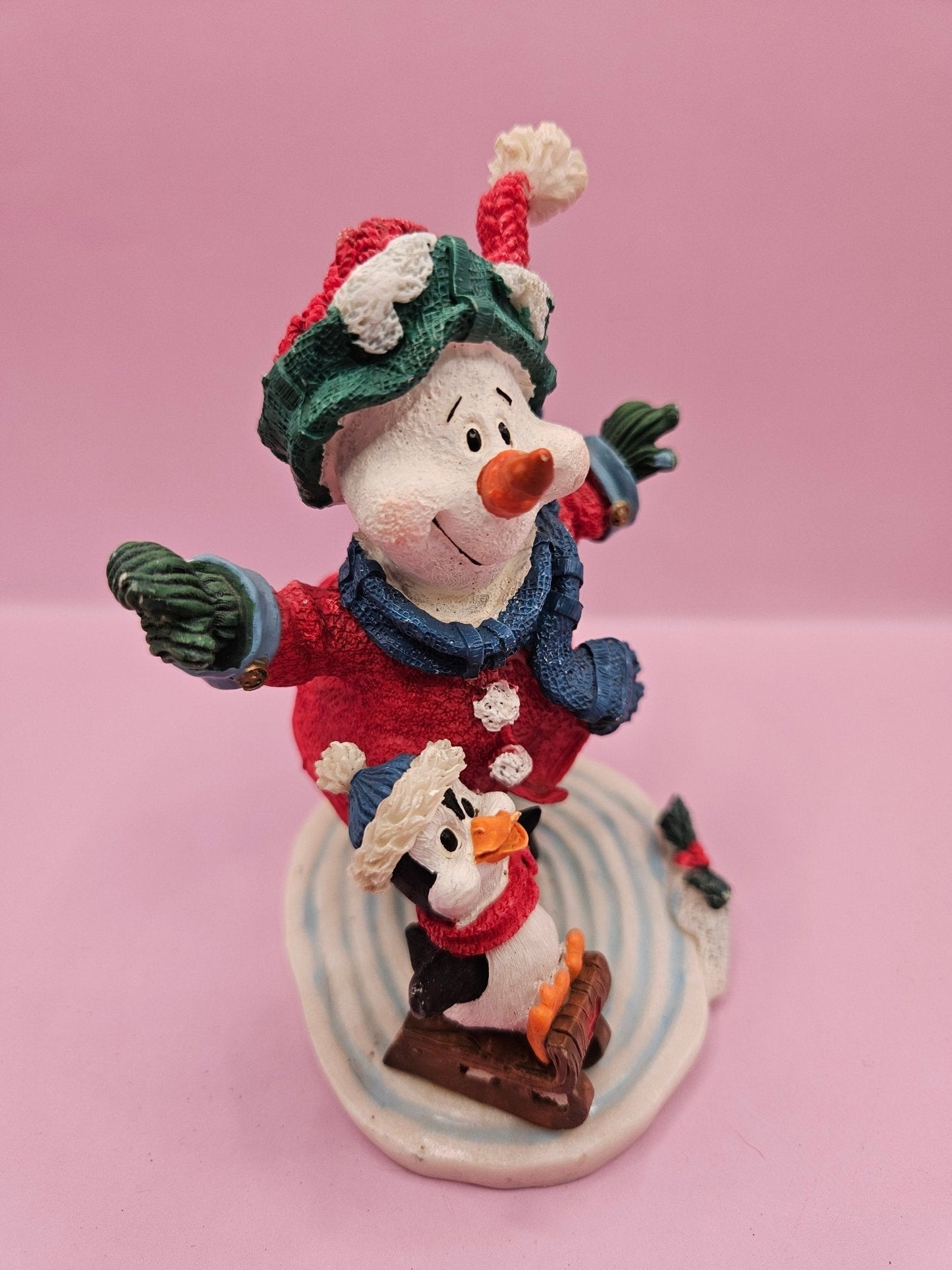 Vintage Ice Skating Snowman and Penguin Figurine (4.5" x 4")
