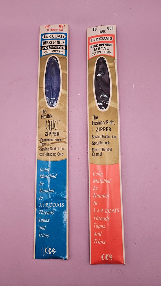 Vintage J&P Coats Zipper Set – 18" Black Metal & 14" Ice Monaco Blue Polyester