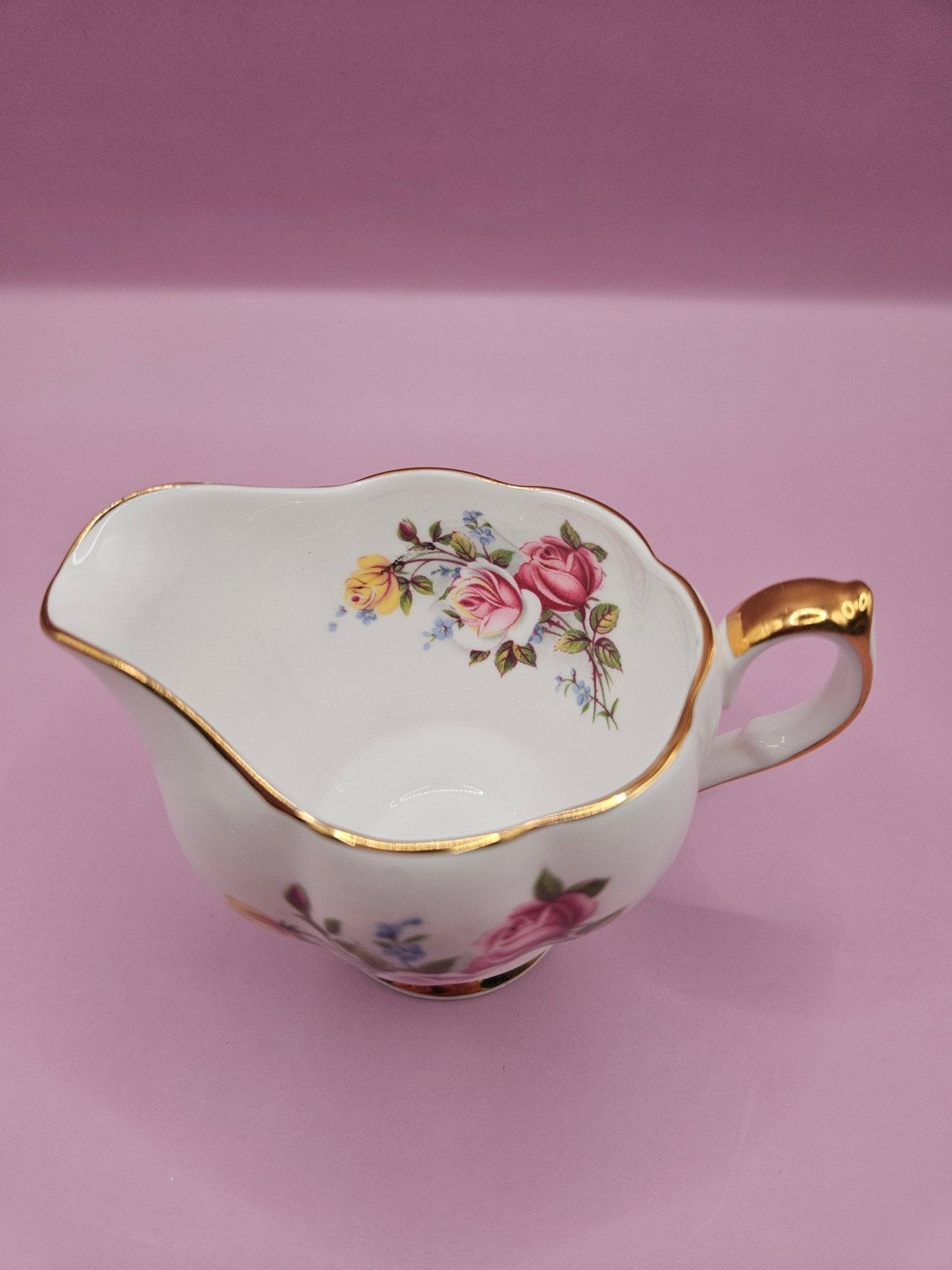 Vintage Queen Anne Creamer and Sugar Bowl Set – Floral Design with Gold Accents