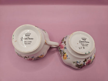 Vintage Queen Anne Creamer and Sugar Bowl Set – Floral Design with Gold Accents