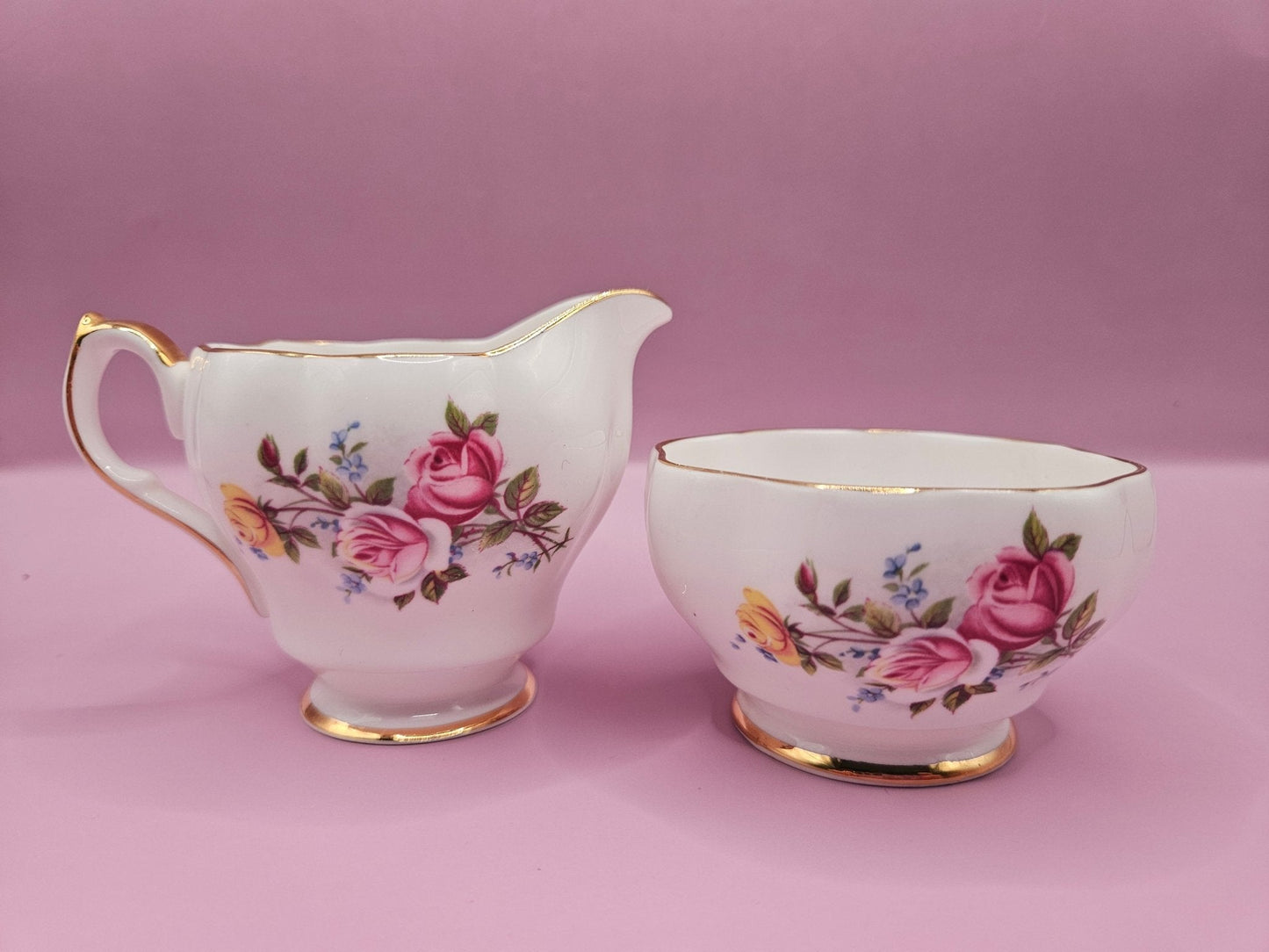Vintage Queen Anne Creamer and Sugar Bowl Set – Floral Design with Gold Accents