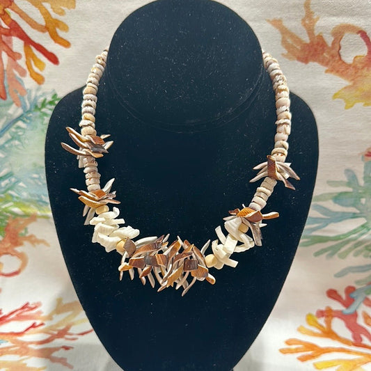 Vintage White and Brown Carved Shell Necklace - Unique Handmade Coastal Jewelry