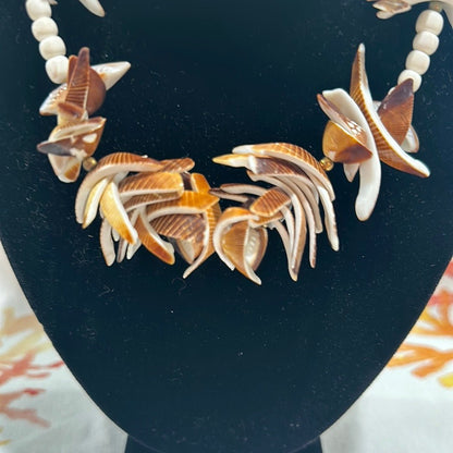 Vintage White and Brown Layered Shell Necklace - Unique Handmade Coastal Jewelry