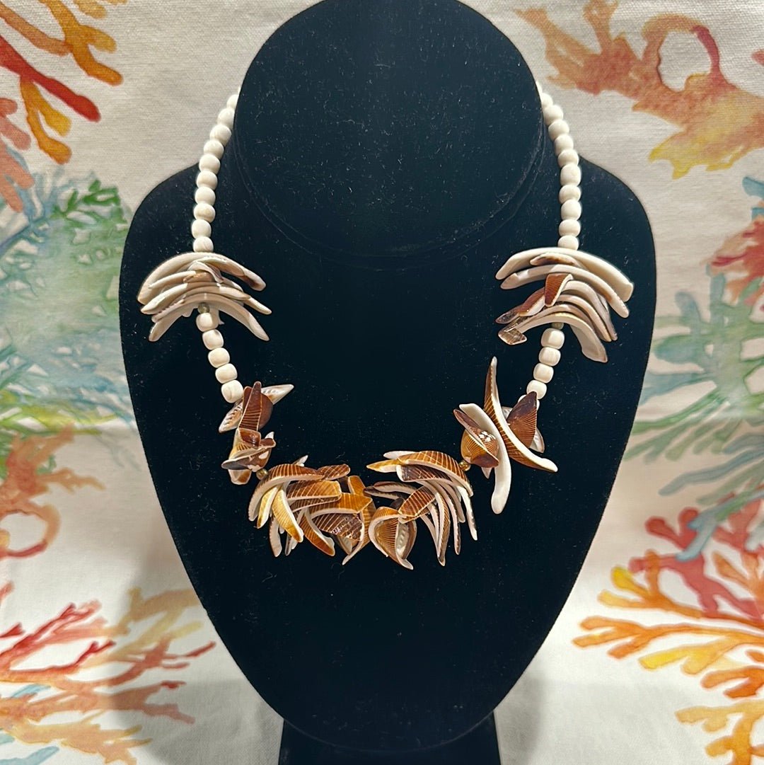 Vintage White and Brown Layered Shell Necklace - Unique Handmade Coastal Jewelry