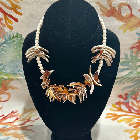 Vintage White and Brown Layered Shell Necklace - Unique Handmade Coastal Jewelry