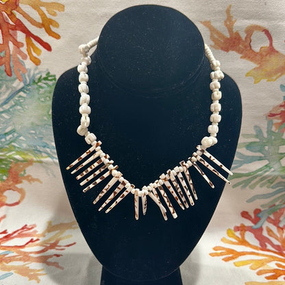 Vintage White and Brown Spiked Shell Necklace - Handmade Coastal Jewelry