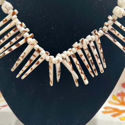 Vintage White and Brown Spiked Shell Necklace - Handmade Coastal Jewelry