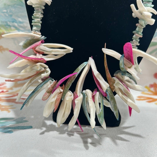 Vintage White and Multicolor Carved Shell Necklace - Handmade Coastal Jewelry