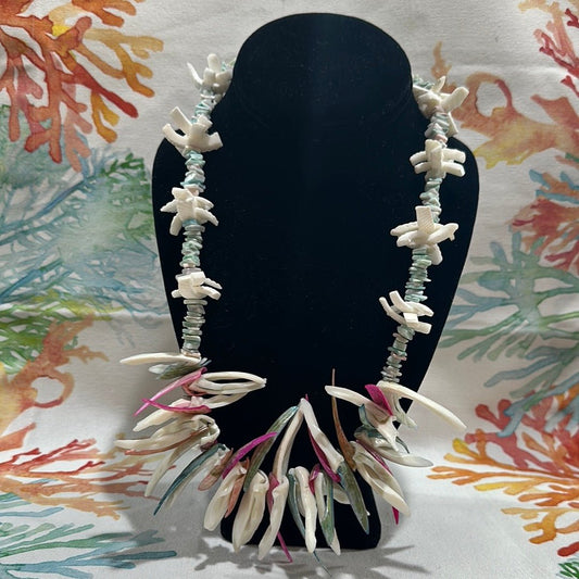 Vintage White and Multicolor Carved Shell Necklace - Handmade Coastal Jewelry