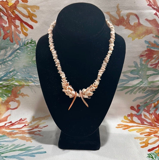 Vintage White and Peach Carved Shell Necklace - Handmade Coastal Jewelry